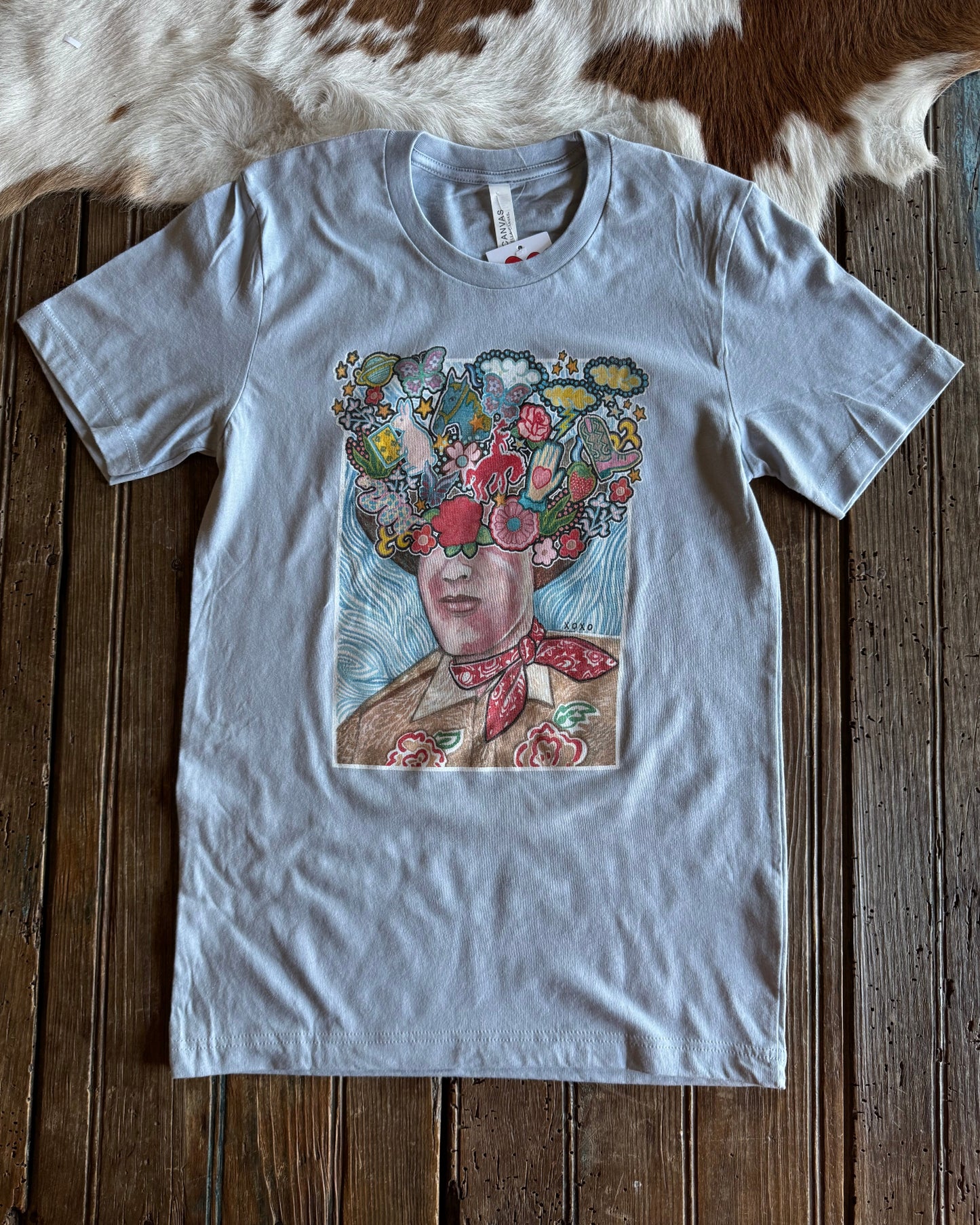 Random thoughts graphic tee on rustic wood background