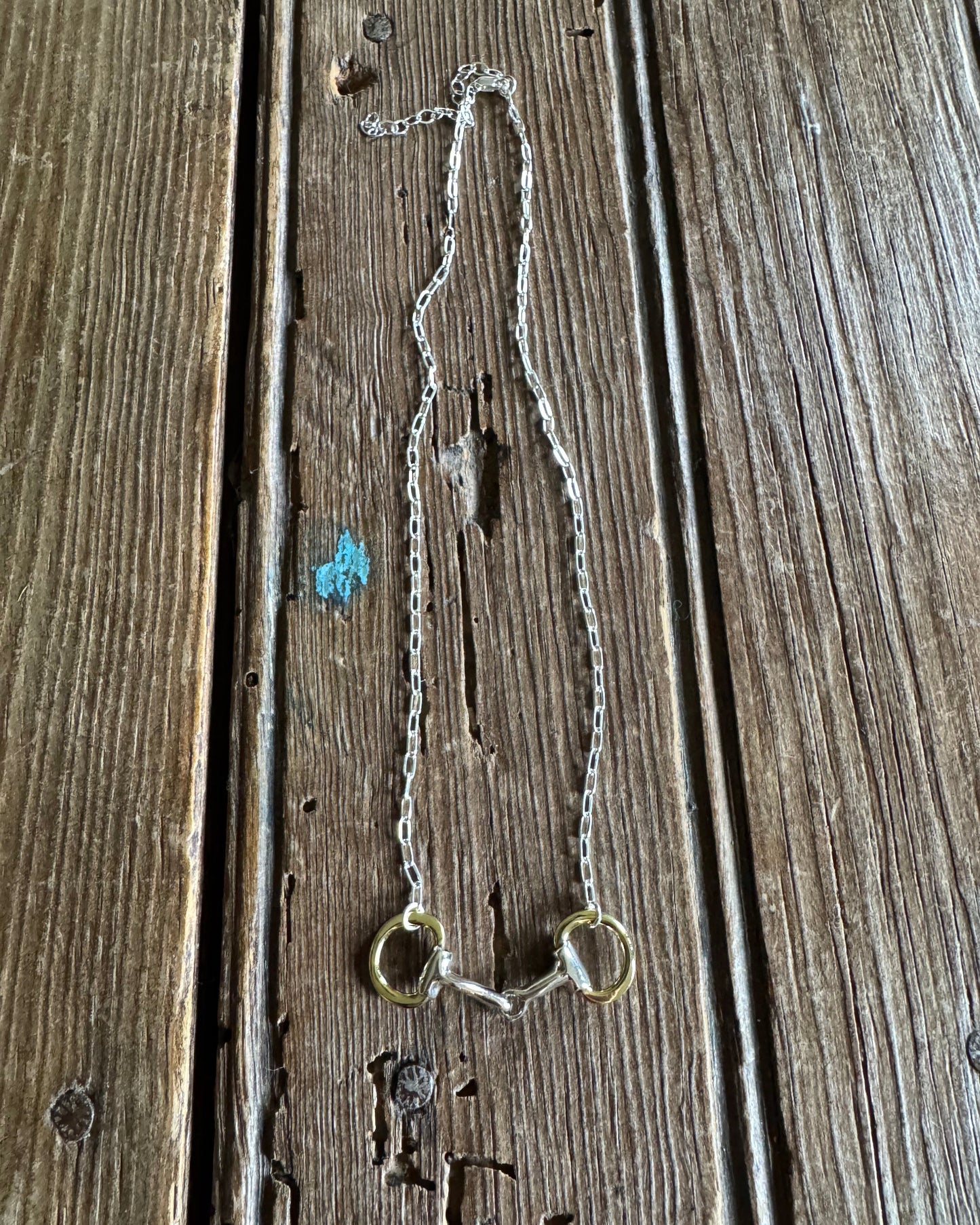 Full view of Briarwood Snaffle Bit Necklace on rustic wood background