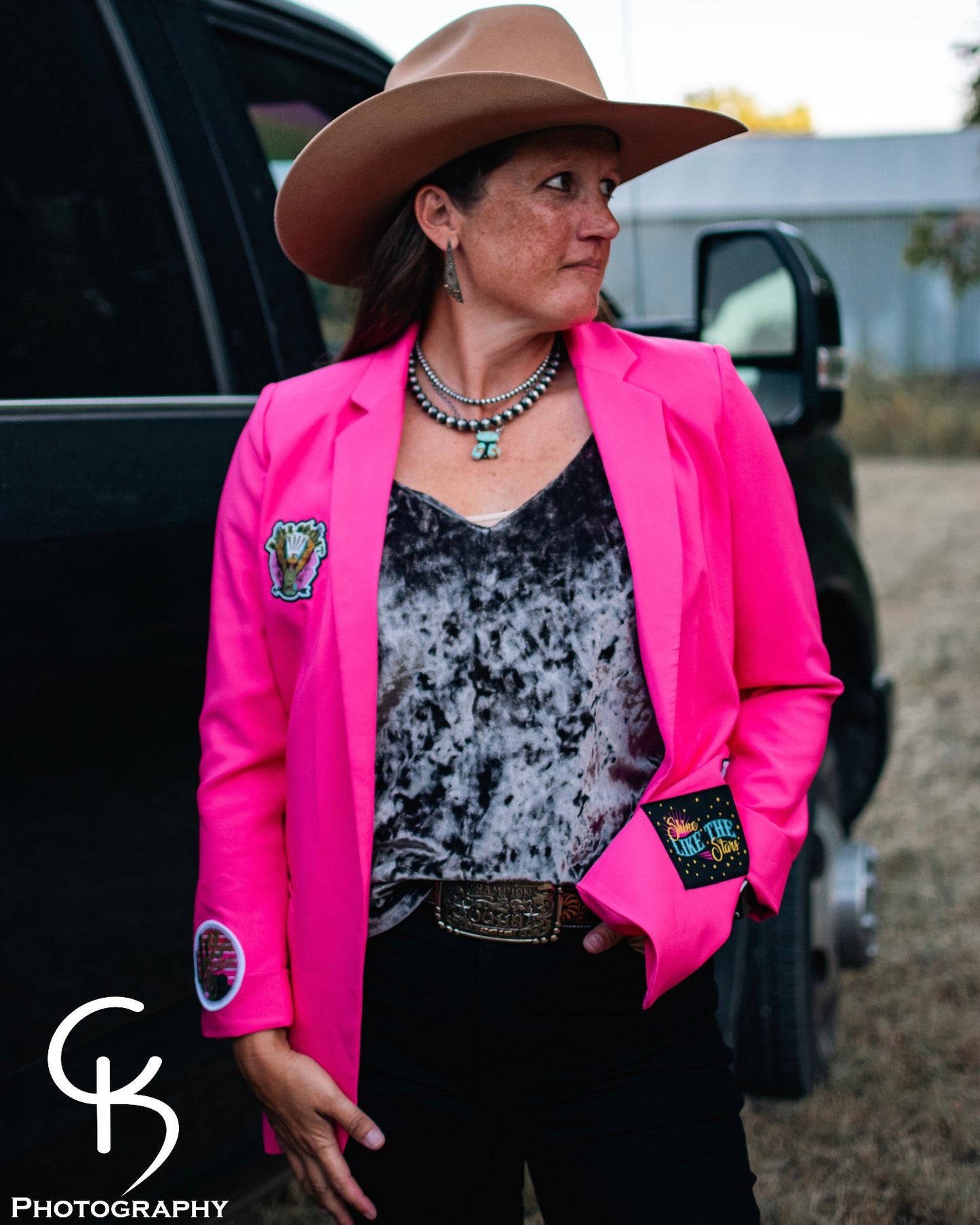 One Pretty in Pink Cowgirl Blazer on model