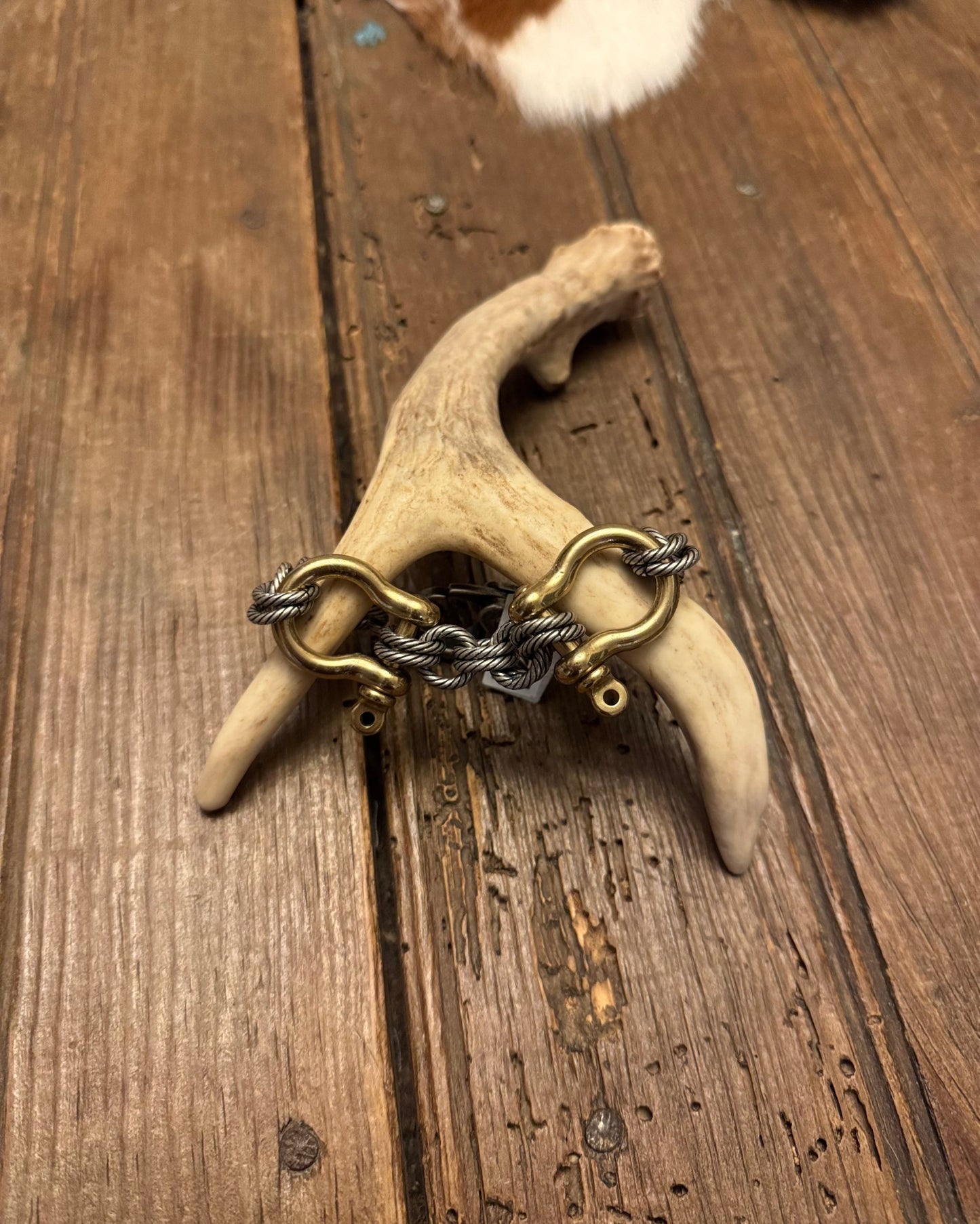 Decorative item with a chain on a deer antler on a wooden surface