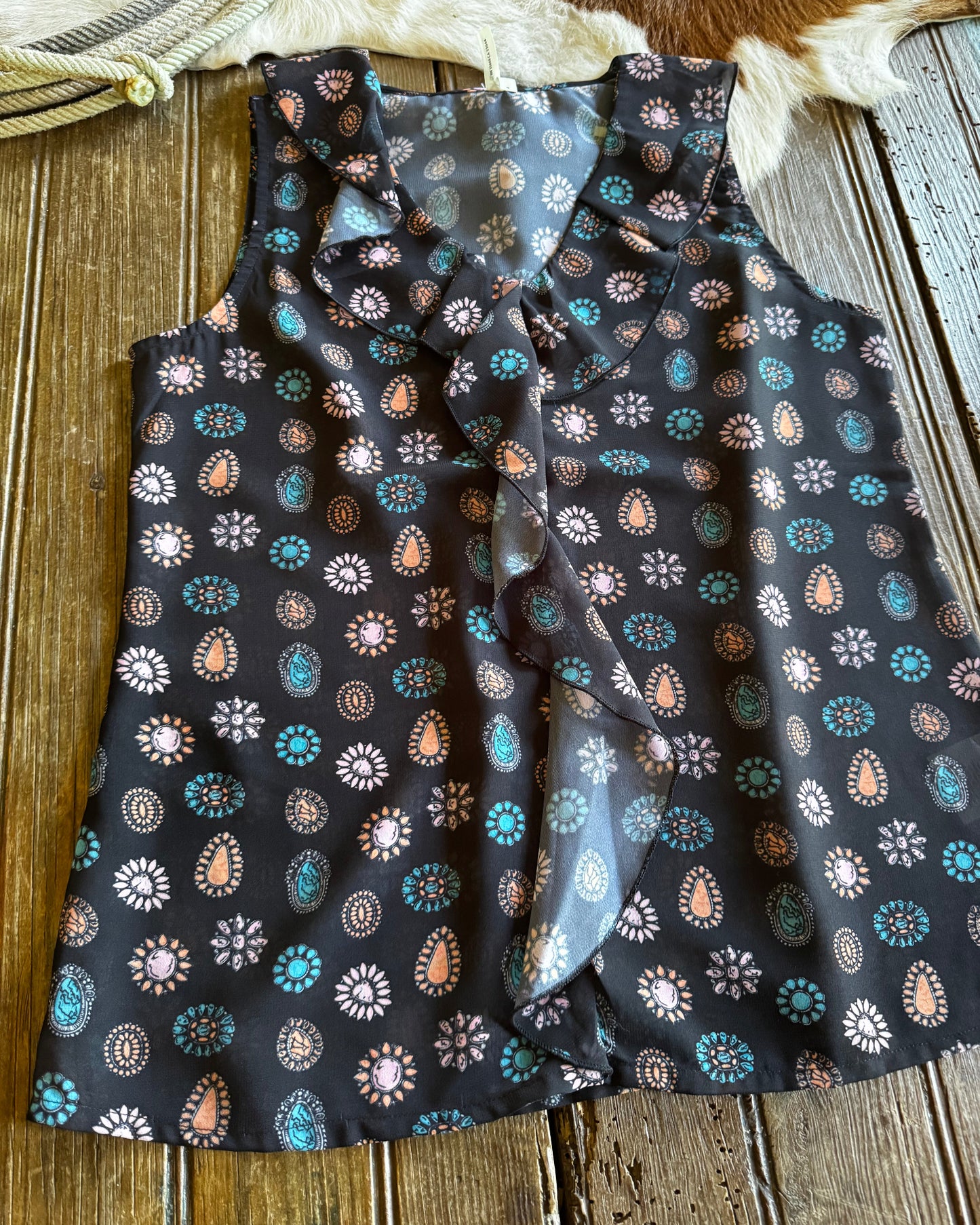 Patterned fabric on a wooden surface