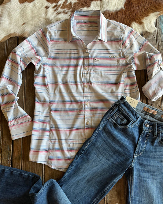 Stitch stripe button up shirt with jeans on rustic wood background