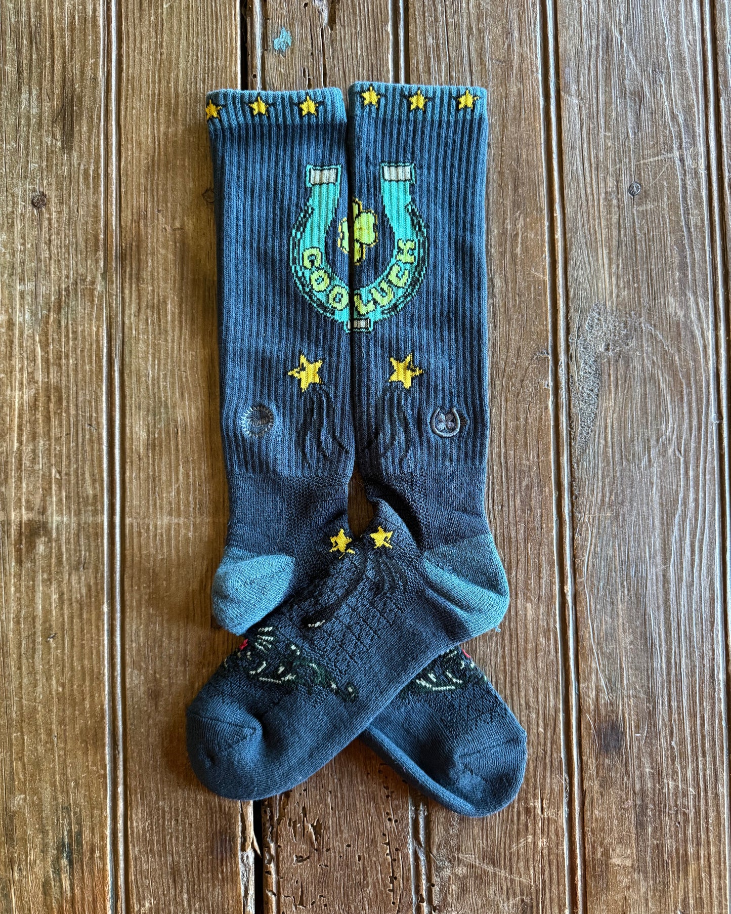 Fringe Lucky Horseshoe Performance Socks in blue showing design on rustic wood background