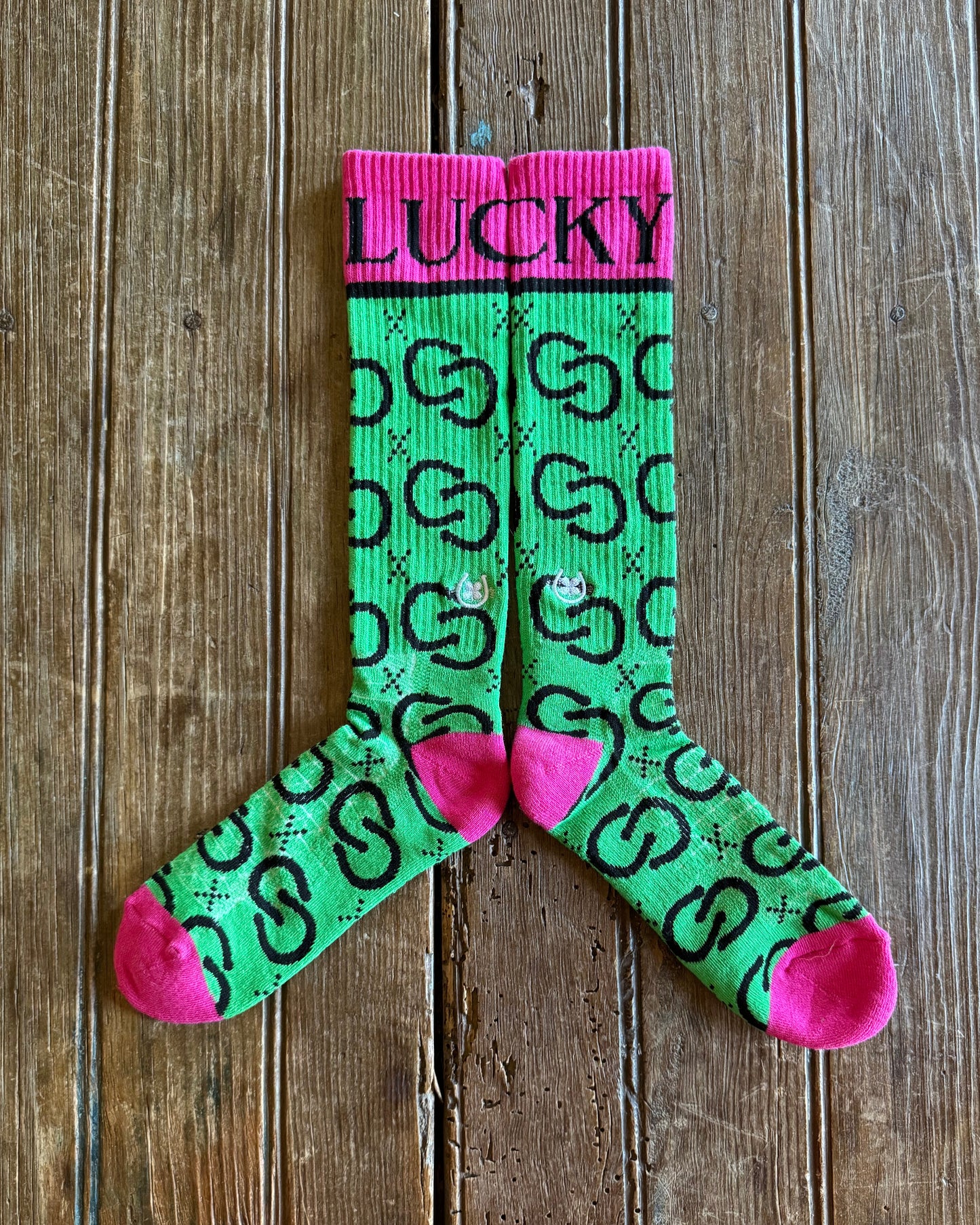 High Maintenance Cowgirl Performance Socks (Kelly Green/Pink) showing design on rustic wood background