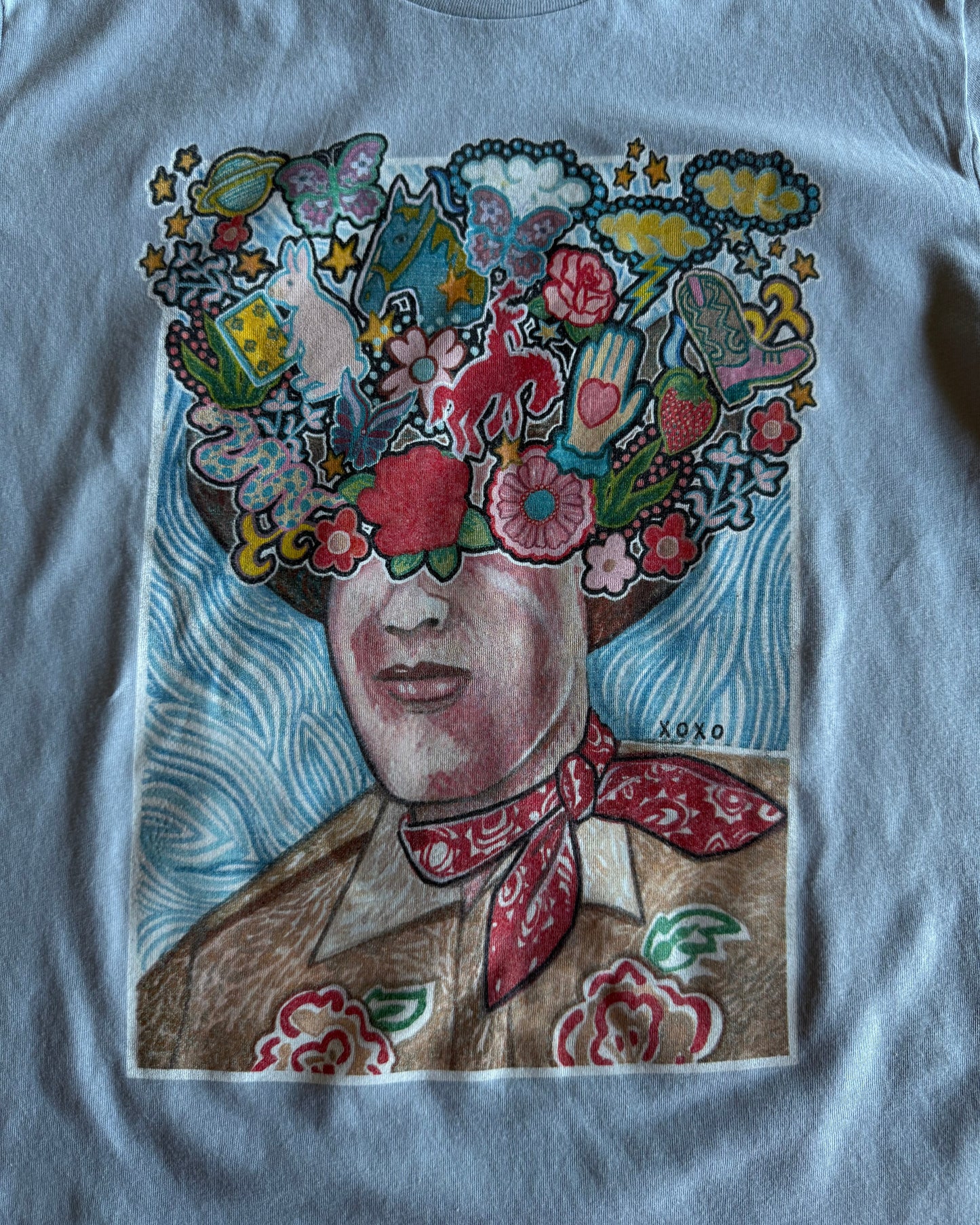 Close up of Random Thoughts graphic tee