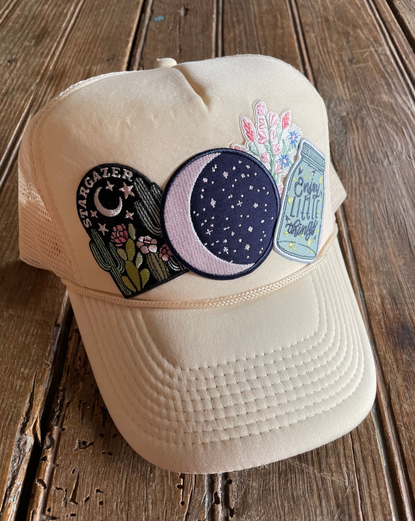 Cream foam trucker hat with patches