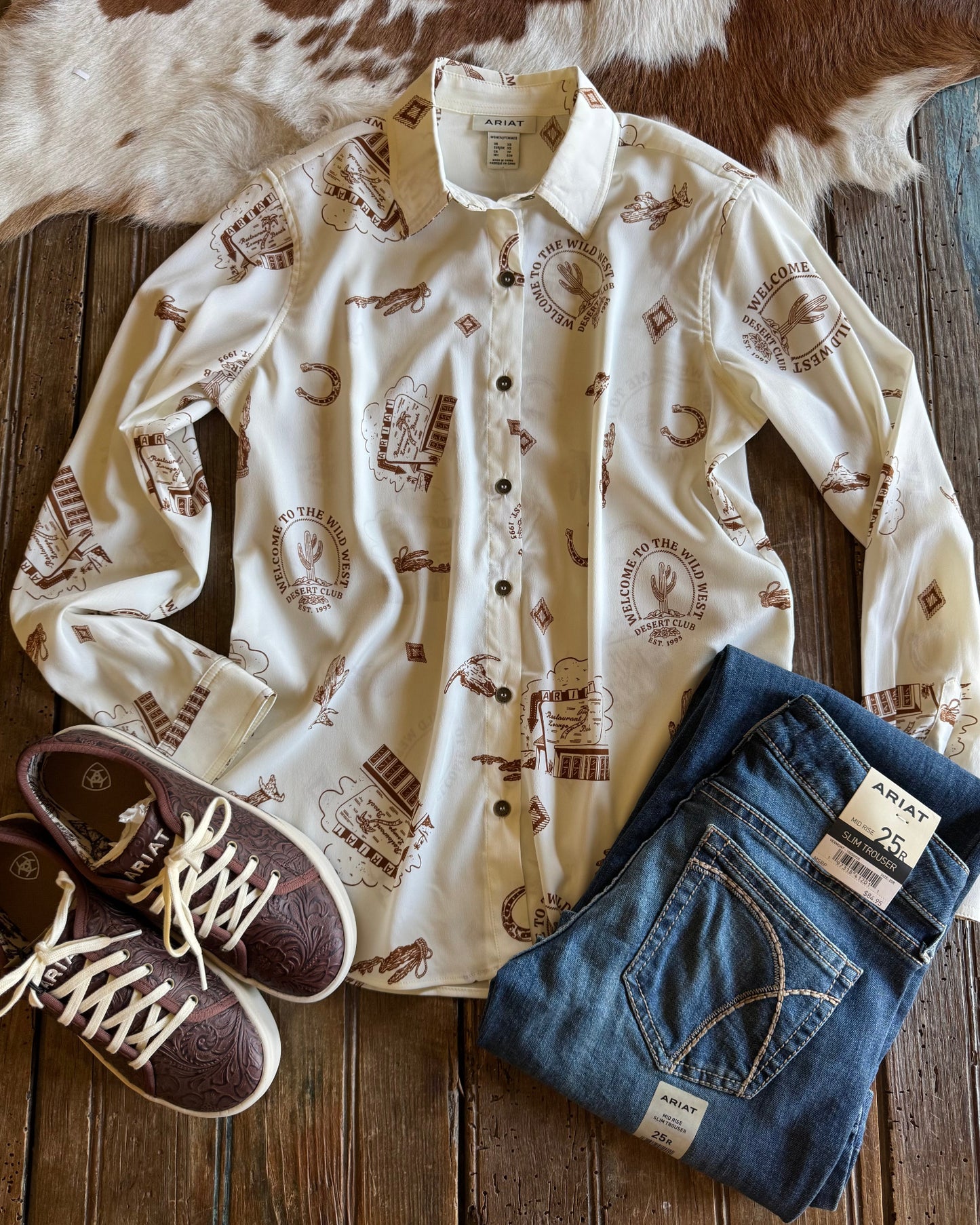 Homestyle Shirt with jeans and shoes on rustic wood background