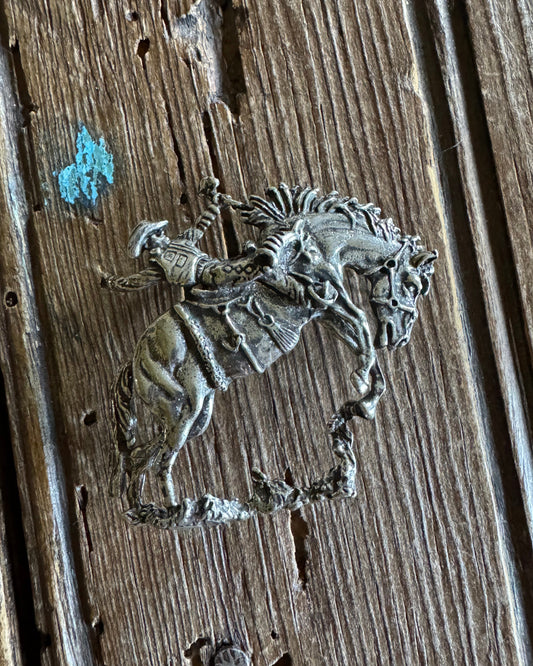 silver colored horse pin on wooden background