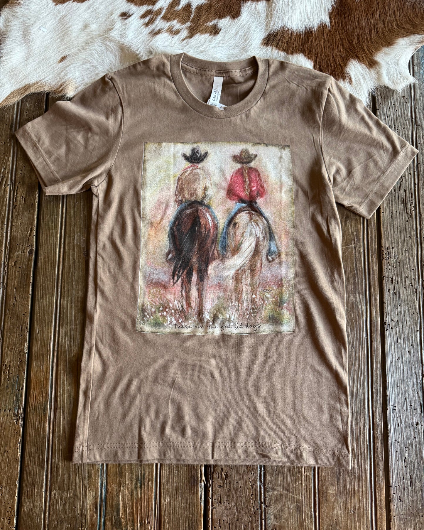 Good ol Days graphic tee on rustic wood background