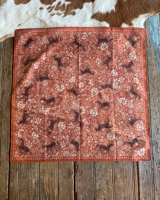 Block Print Horses Shorty Scarf on rustic wood background