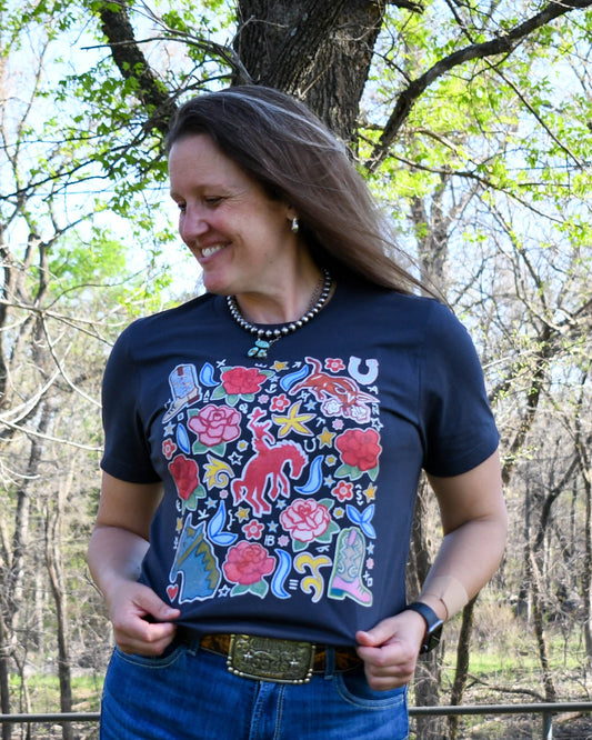Western Rose Ranch Tee on model with wooded background