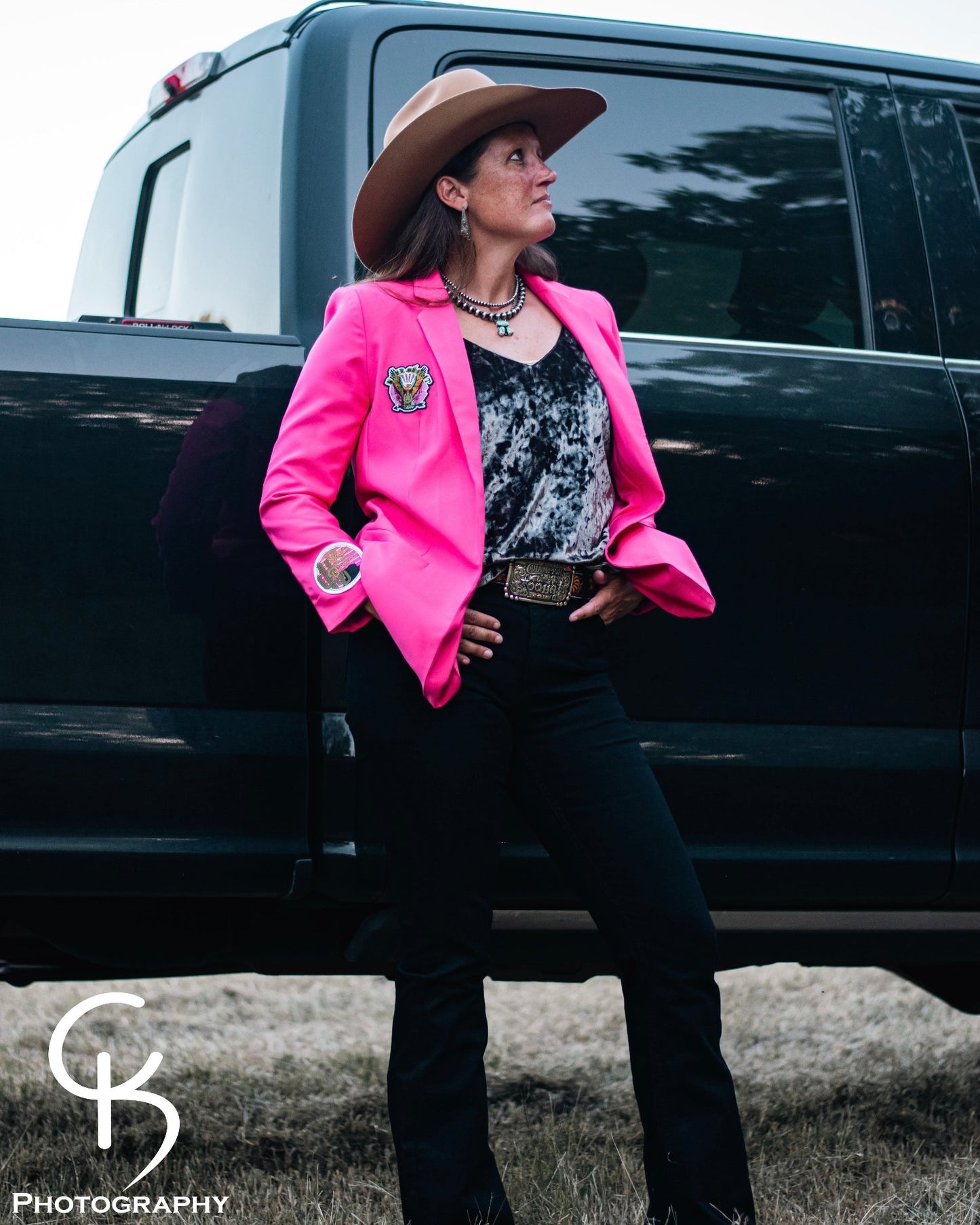 One Pretty in Pink Cowgirl Blazer on model