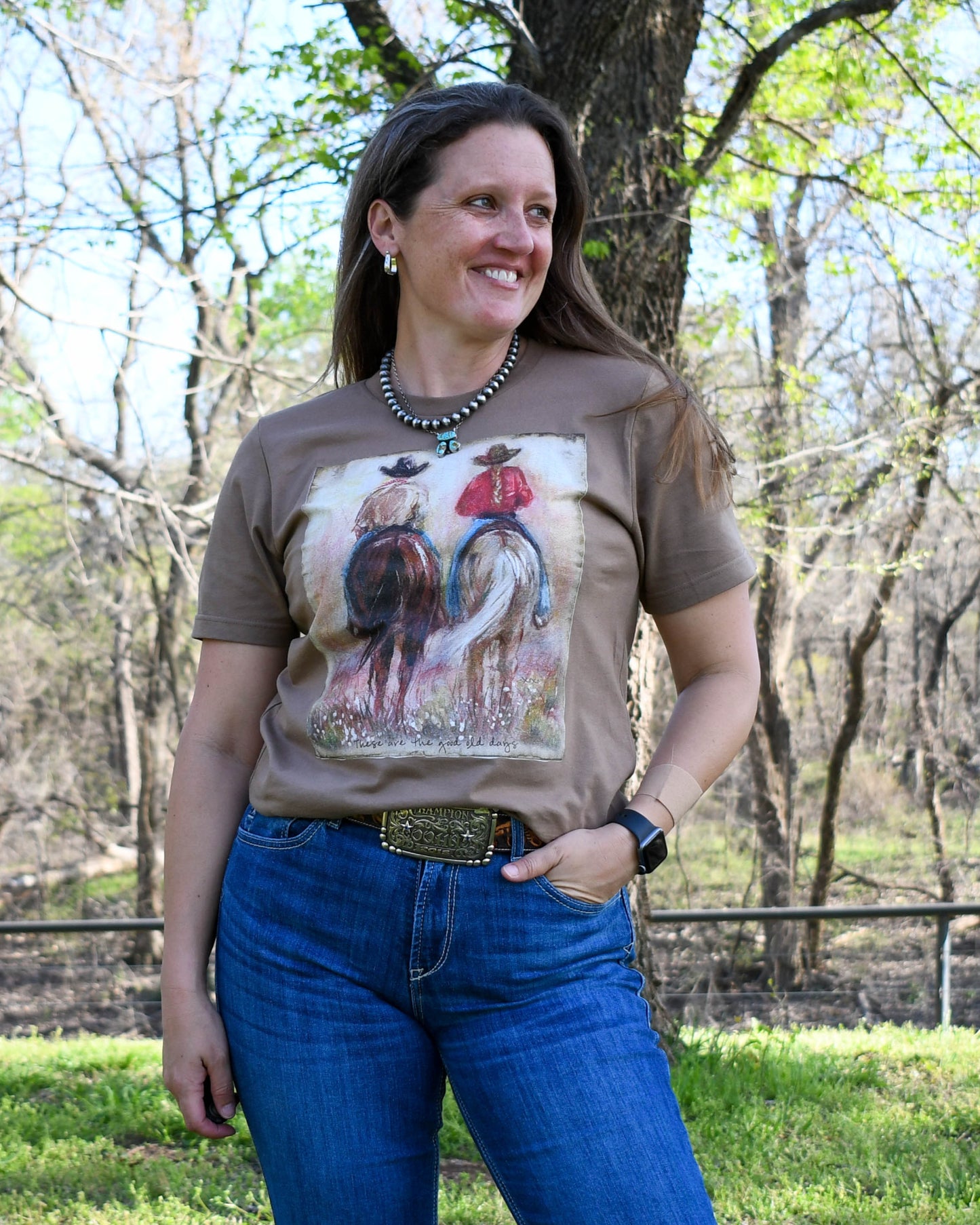 Good Ol Days Tee on model with wooded background