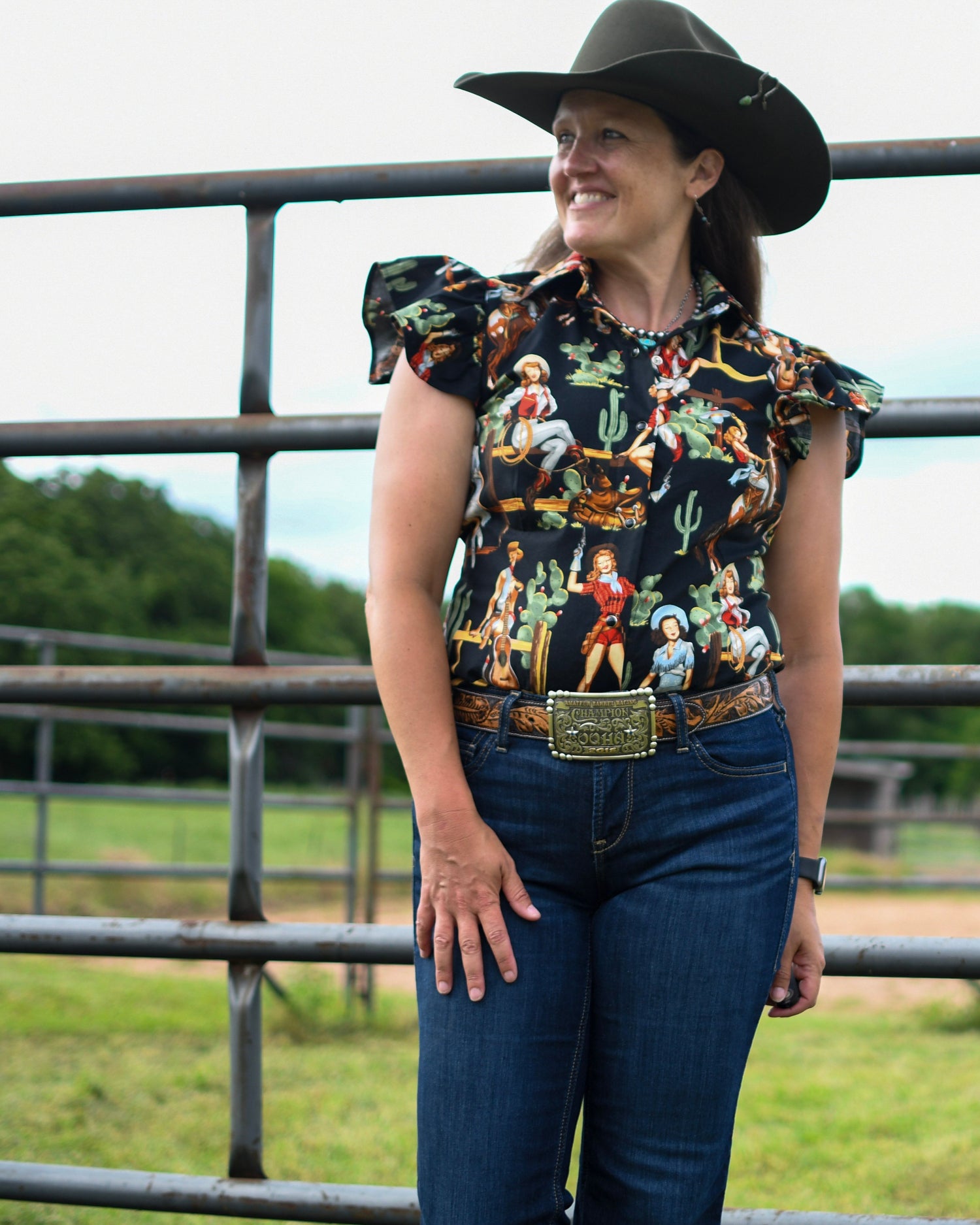 Blake Shirt (Cowgirl Pinup in Black) on model by fence