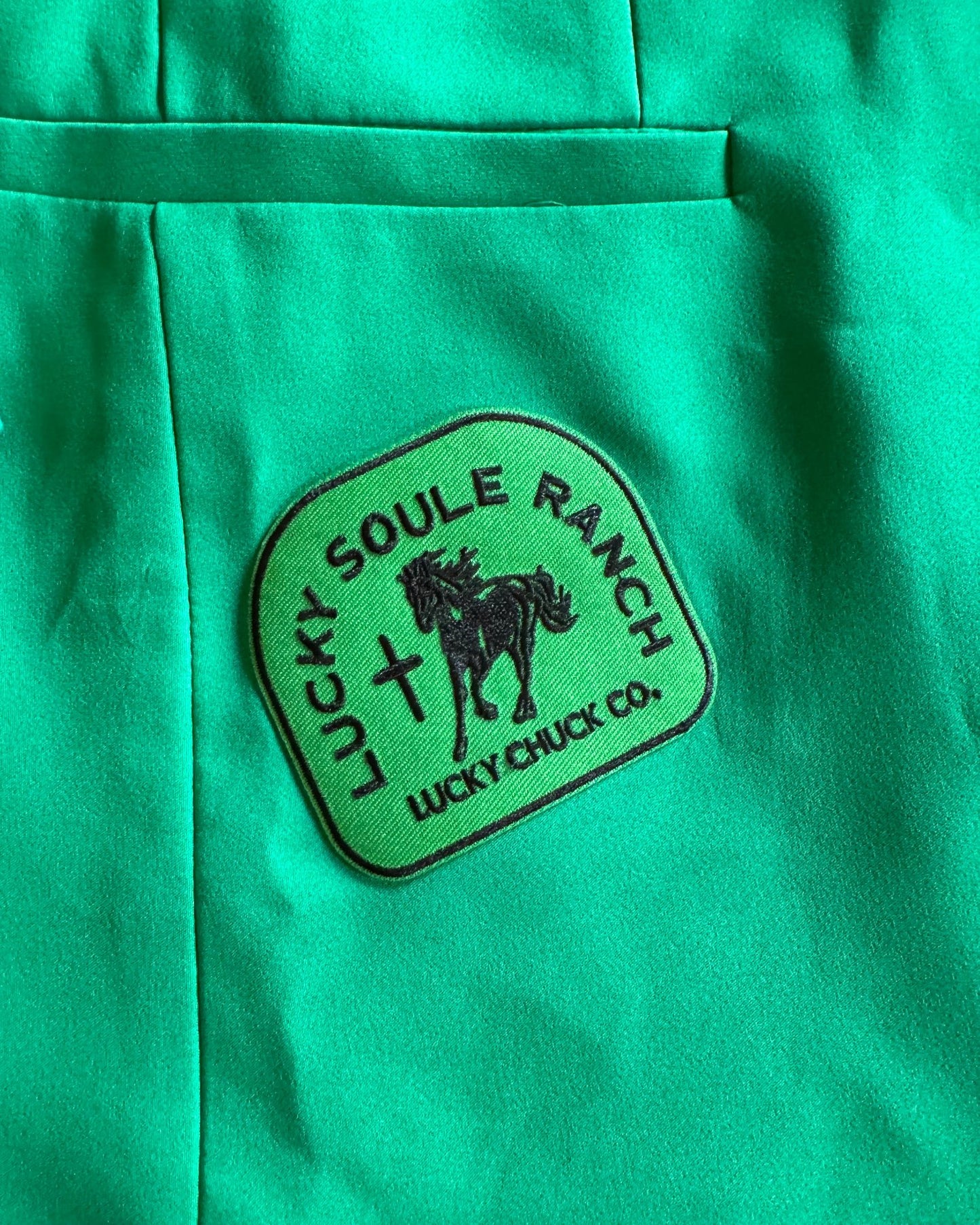 Lucky Soule Ranch Patch on pocket of blazer