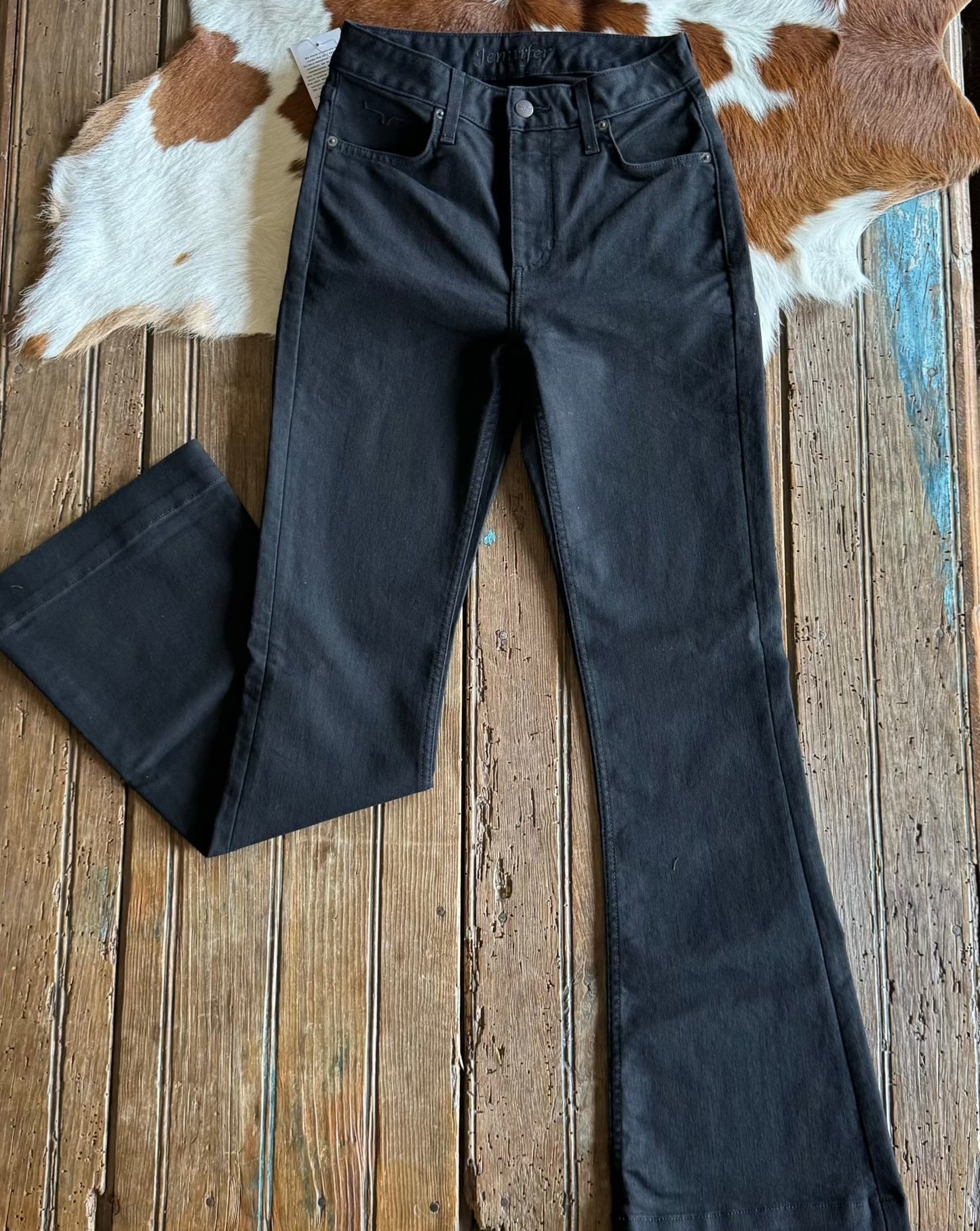 front view of Jennifer high rise flare jeans in black
