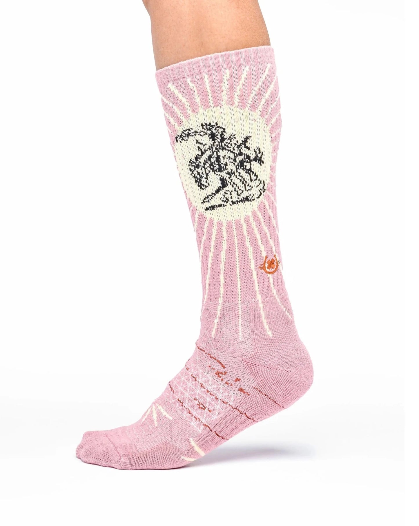 pink fringe bucking performance crew sock on model