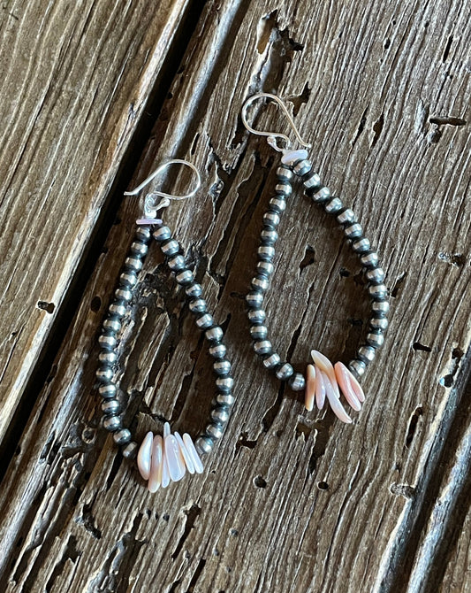 Navajo Pearl Teardrop Earrings with Pink Conch Chips