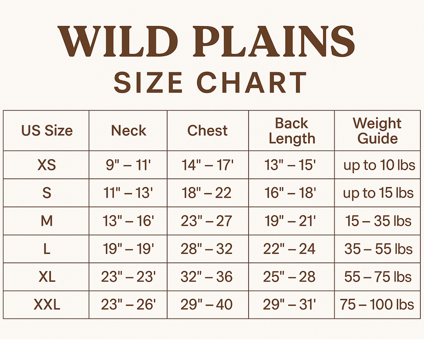 Wild Plains size chart for dog clothing with measurements and weight guides.