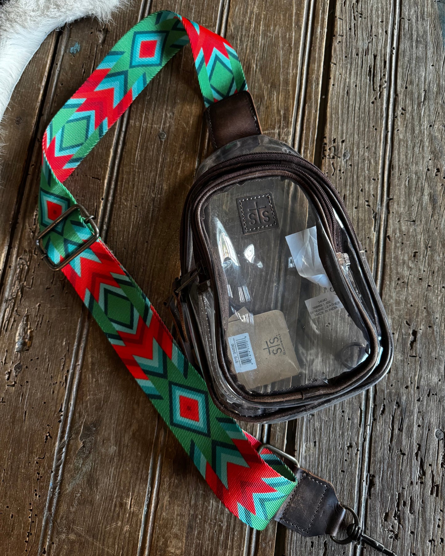 clear stadium sling bag on a wooden surface