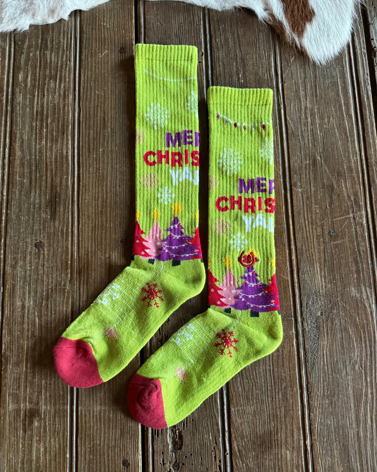 Merry Christmas Y'all Performance Crew Socks (Lime Green & Crystals)