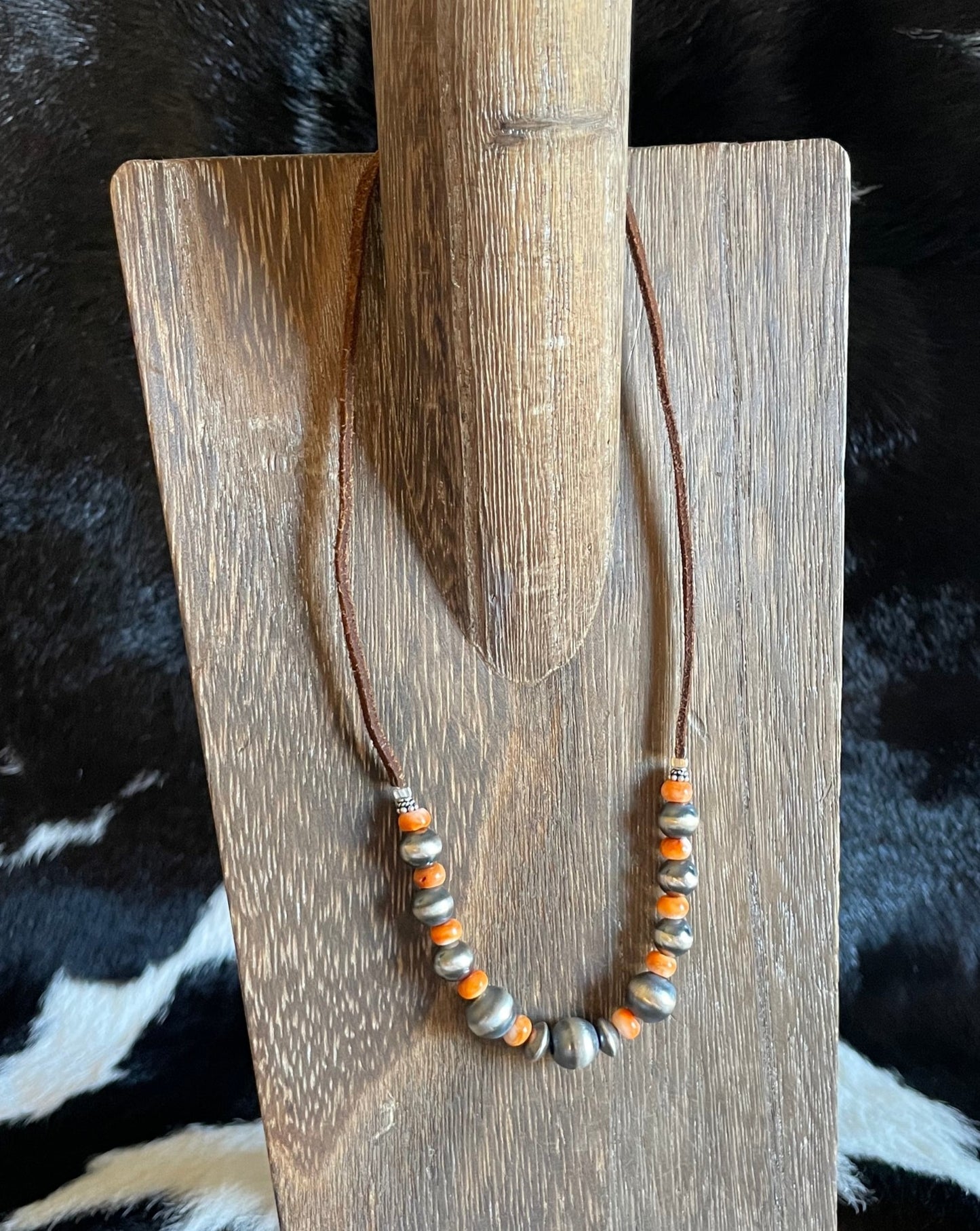 brown suede leather choker with Navajo pearls and orange spiny
