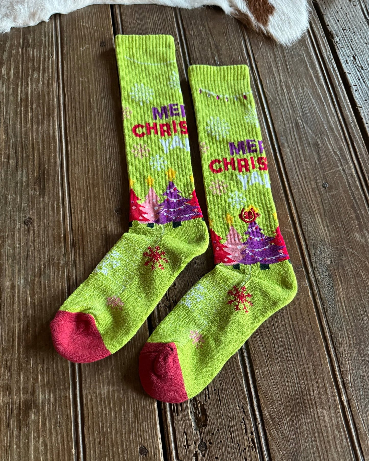 Merry Christmas Y'all Performance Crew Socks (Lime Green & Crystals)