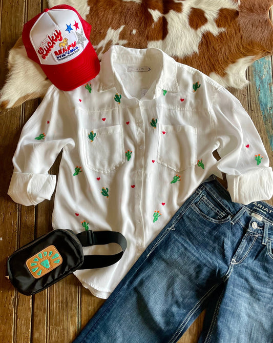 Flat lay of Embroidered cactus shirt 