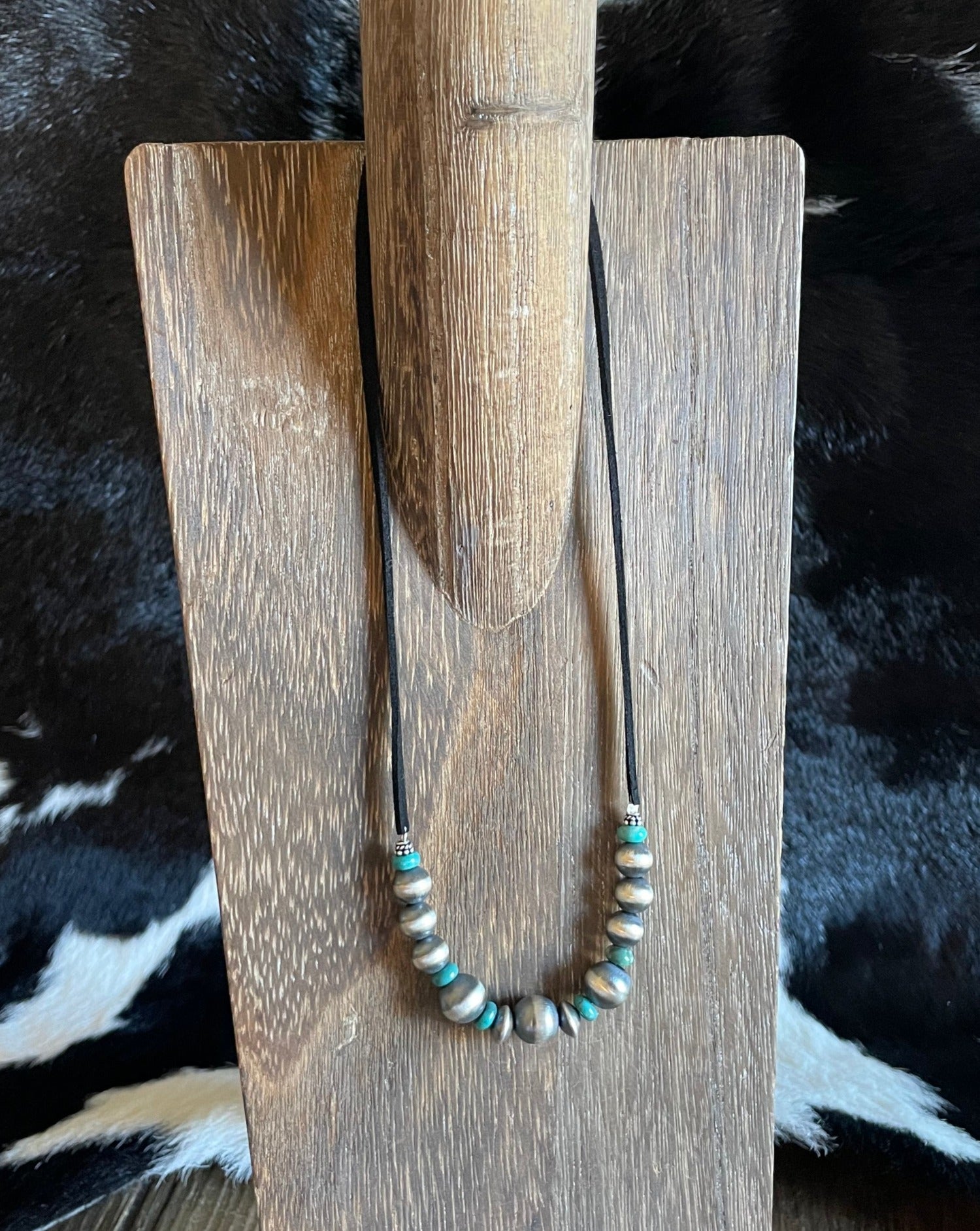 black suede leather choker with Navajo pearls and turquoise