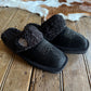 Black slippers with fuzzy texture on a wooden surface