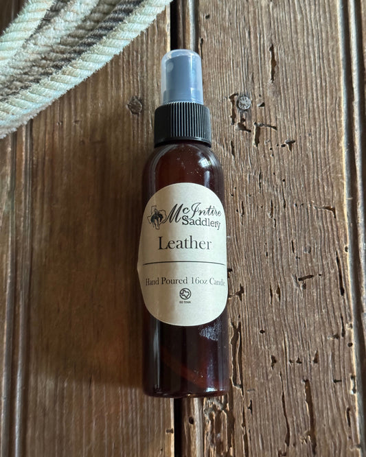 Bottle of leather cleaner on a wooden surface