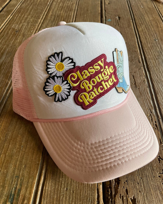 Light pink/white foam trucker with patches