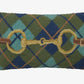 Decorative pillow with plaid pattern and equestrian-themed design on a white background