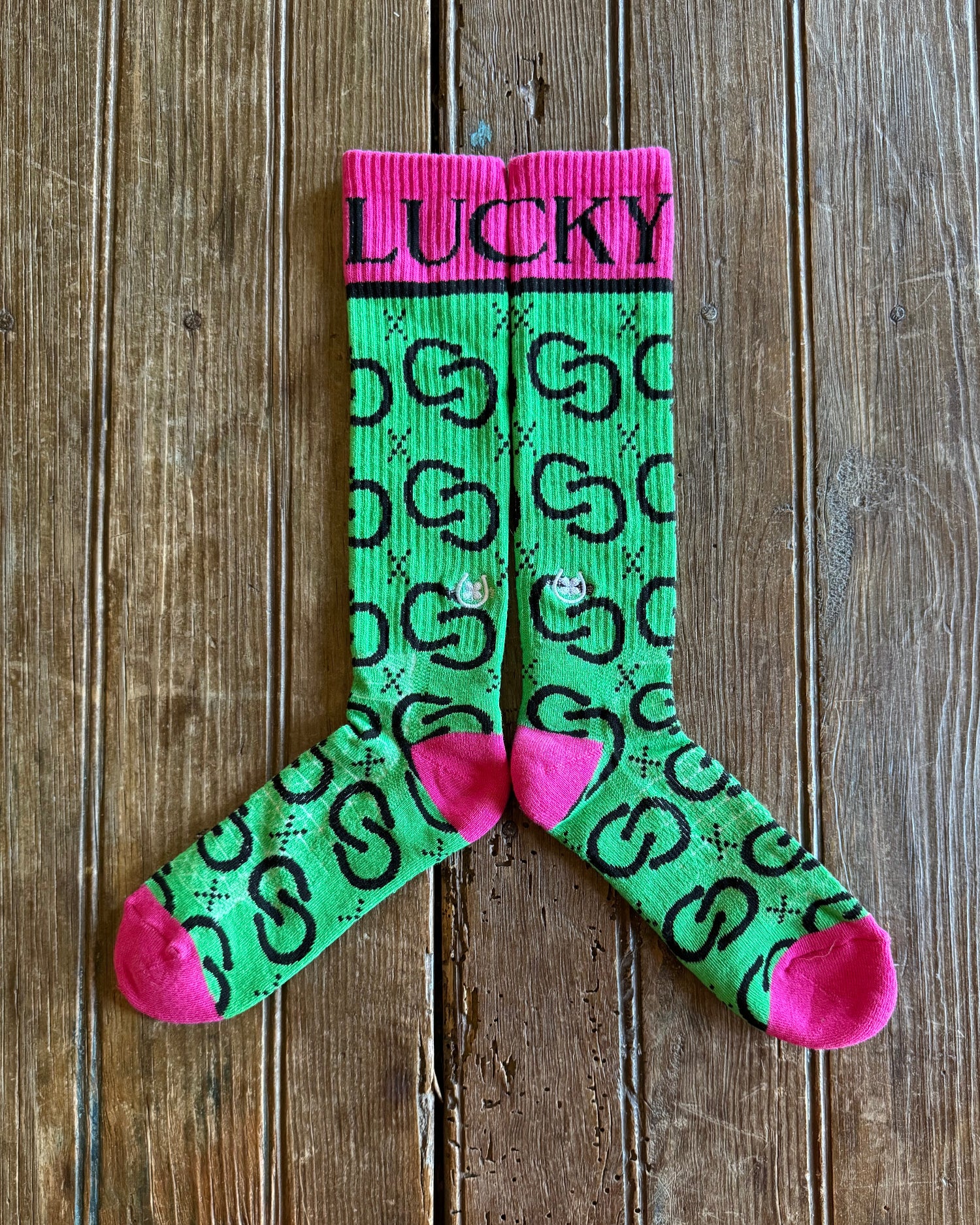 High Maintenance Cowgirl Performance Socks (Kelly Green/Pink) showing design on rustic wood background 