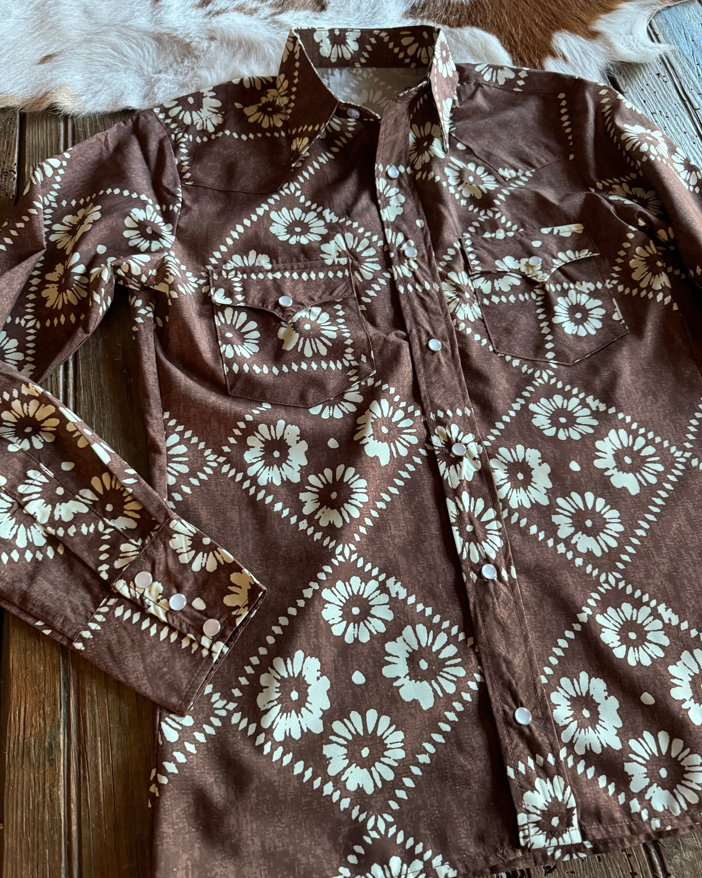 Kalei Vintage Brown Floral Style Pearl Snap Shirt