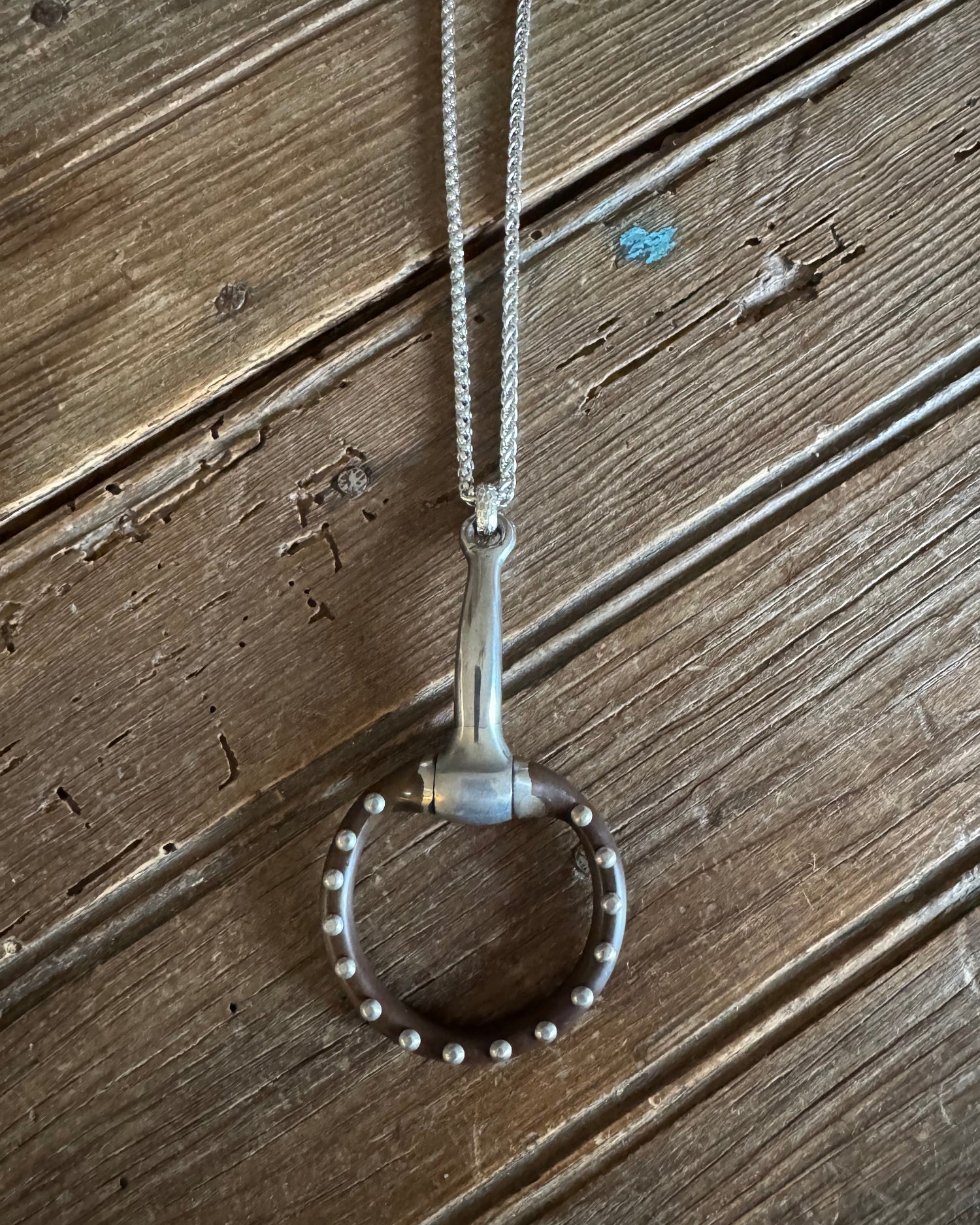 Dot snaffle bit necklace on wooden background