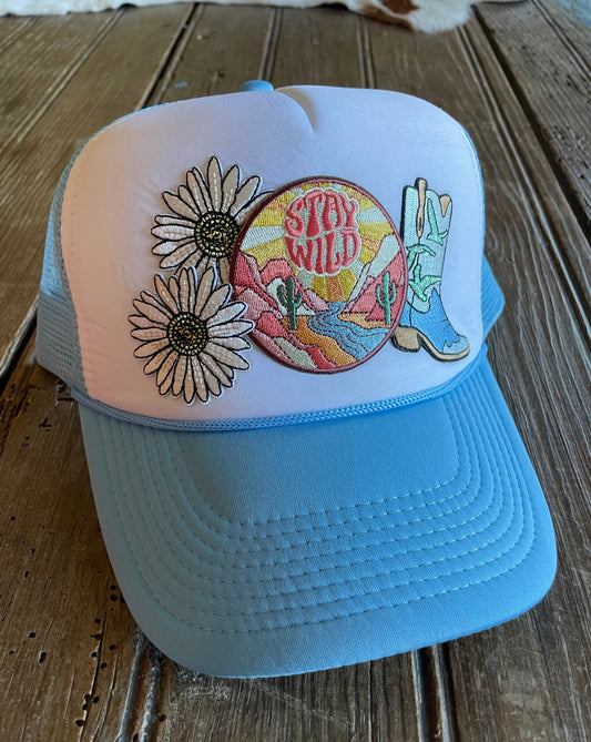 Stay Wild Daisy Trucker Hat with custom patches