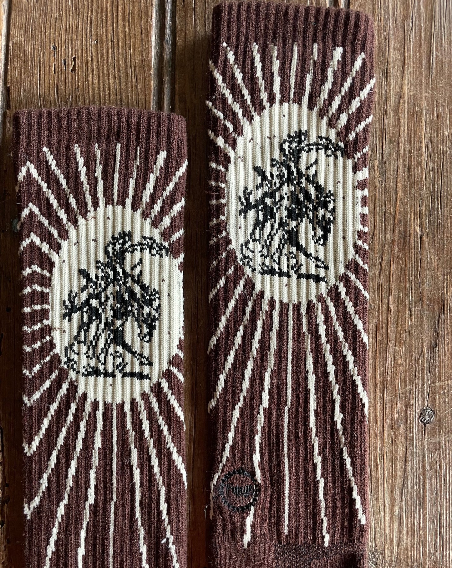 Close up of brown fringe bucking performance crew sock