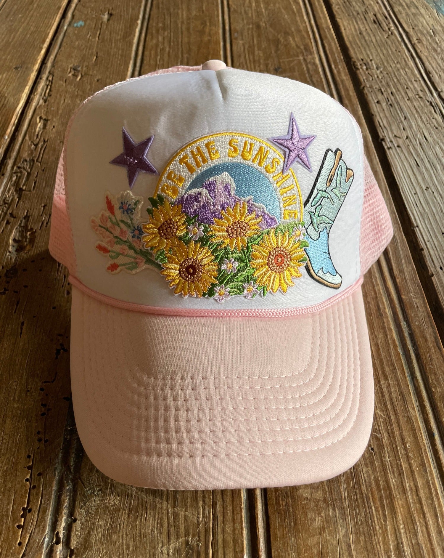 Boots and sunshine trucker hat with custom patches
