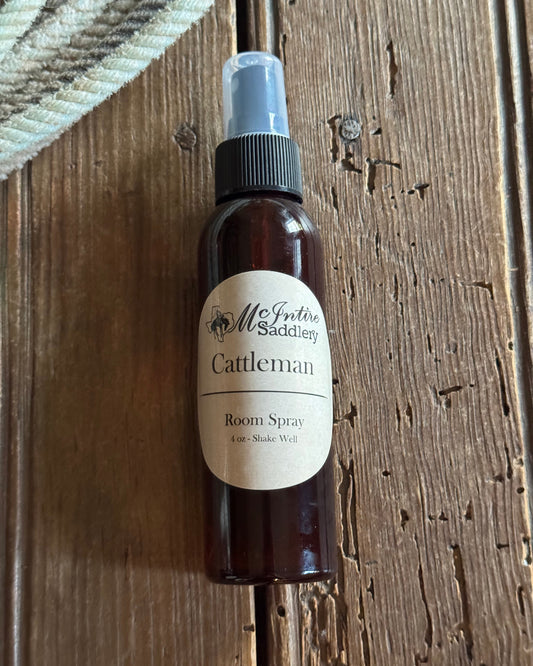 Small brown spray bottle with a label on a wooden surface