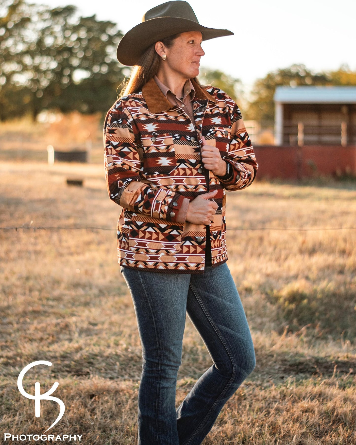 Rio Corduroy Collared Barn Coat (Tan Aztec)