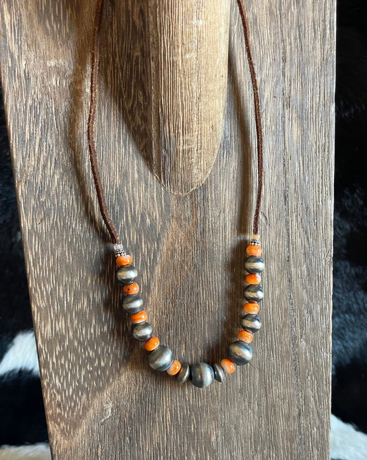 Suede leather choker with Navajo pearls and orange spiny beads