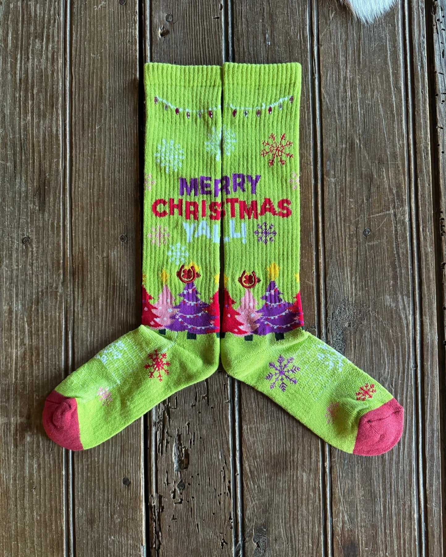 Merry Christmas Y'all Performance Crew Socks (Lime Green & Crystals)