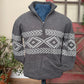 Gray sweater with a patterned design on a mannequin against a neutral background