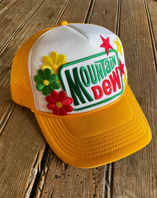 yellow/white foam trucker hat with patches