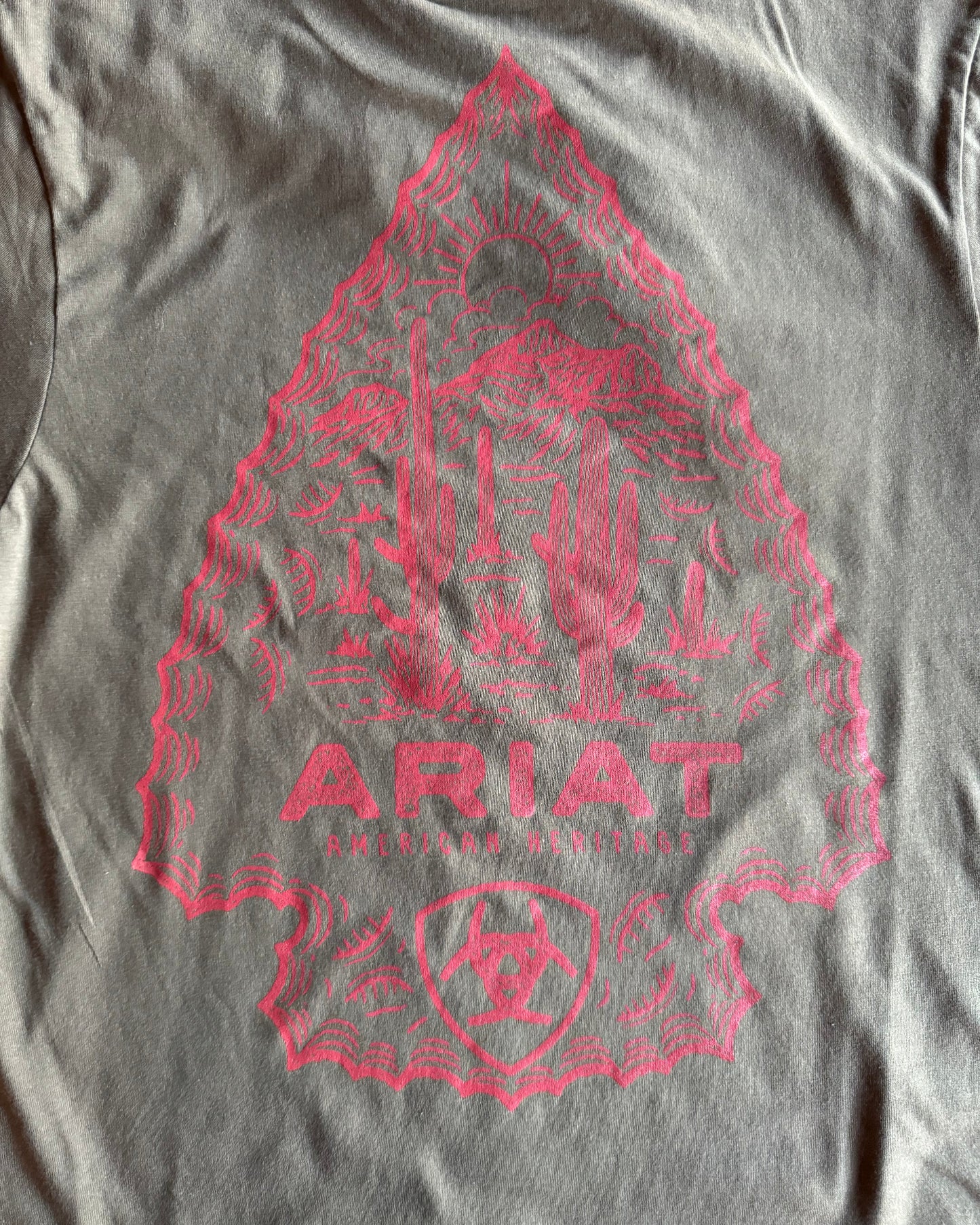Gray t-shirt with red graphic design and 'Ariat' branding