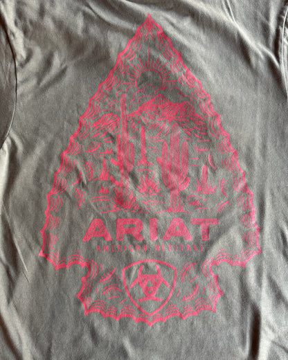 Gray t-shirt with red graphic design and 'Ariat' branding