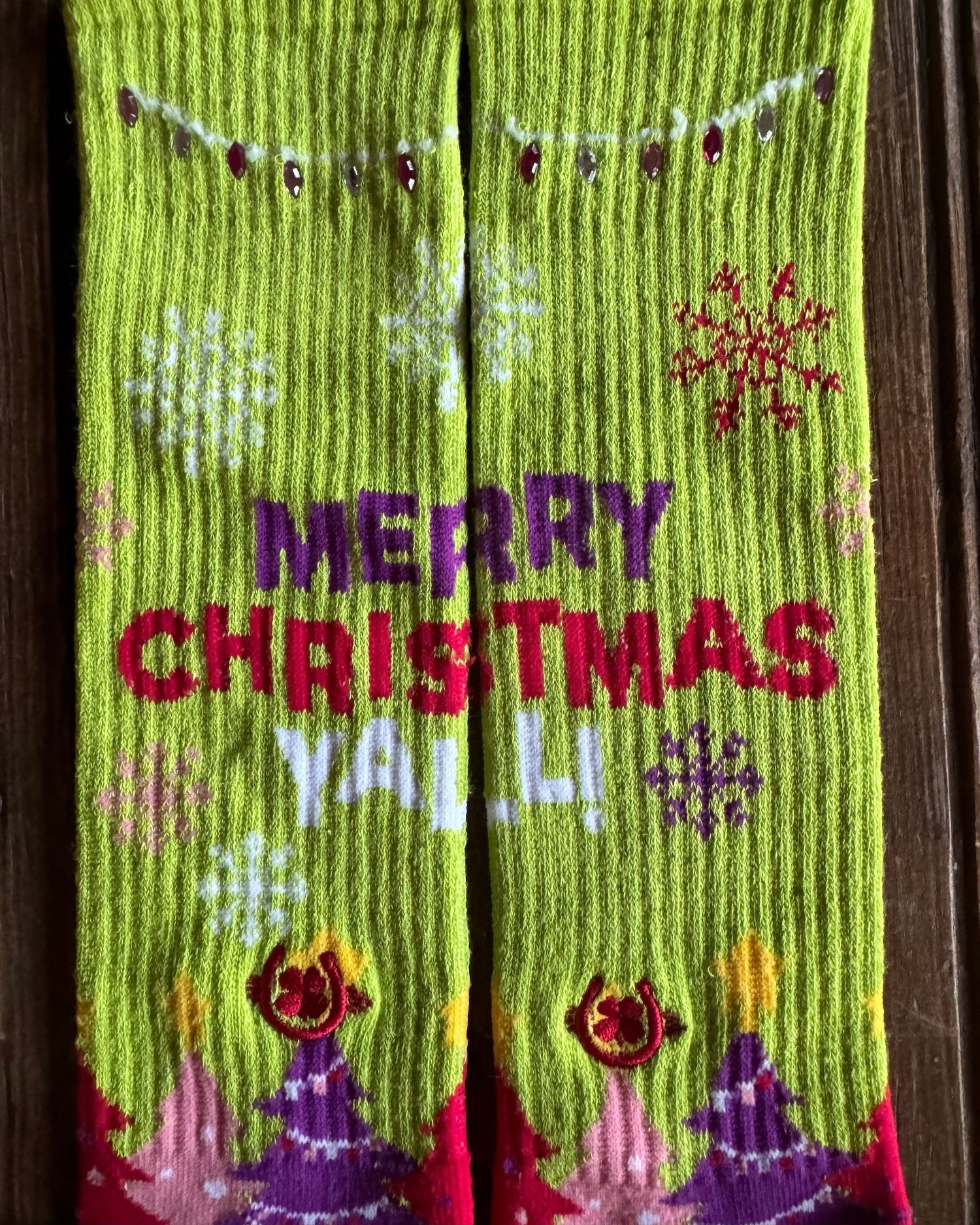 Merry Christmas Y'all Performance Crew Socks (Lime Green & Crystals)