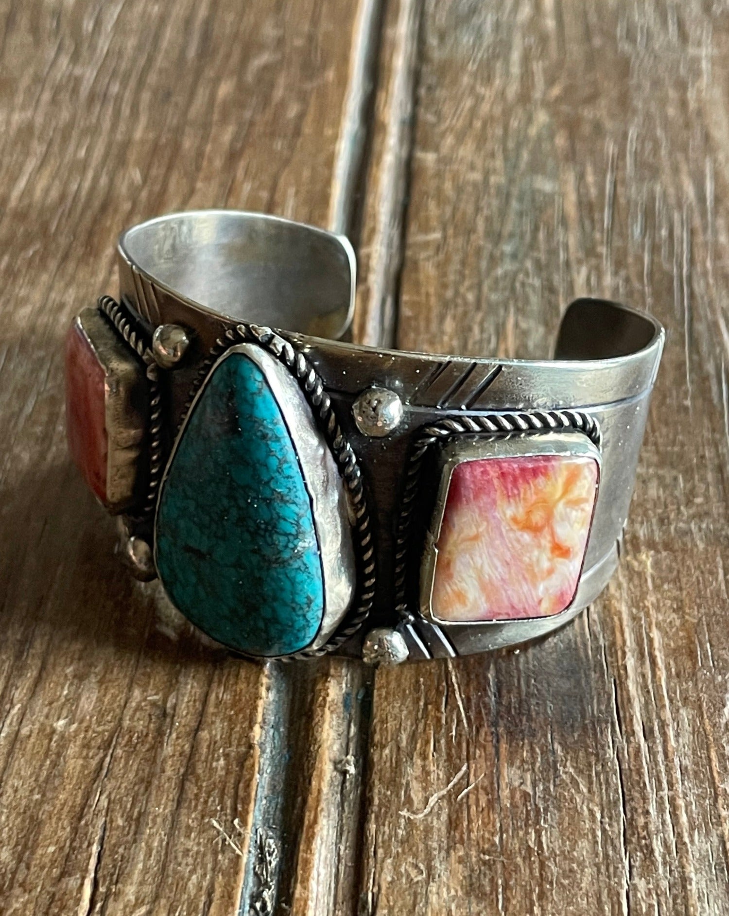German silver cuff bracelet with turquoise and spiny stones