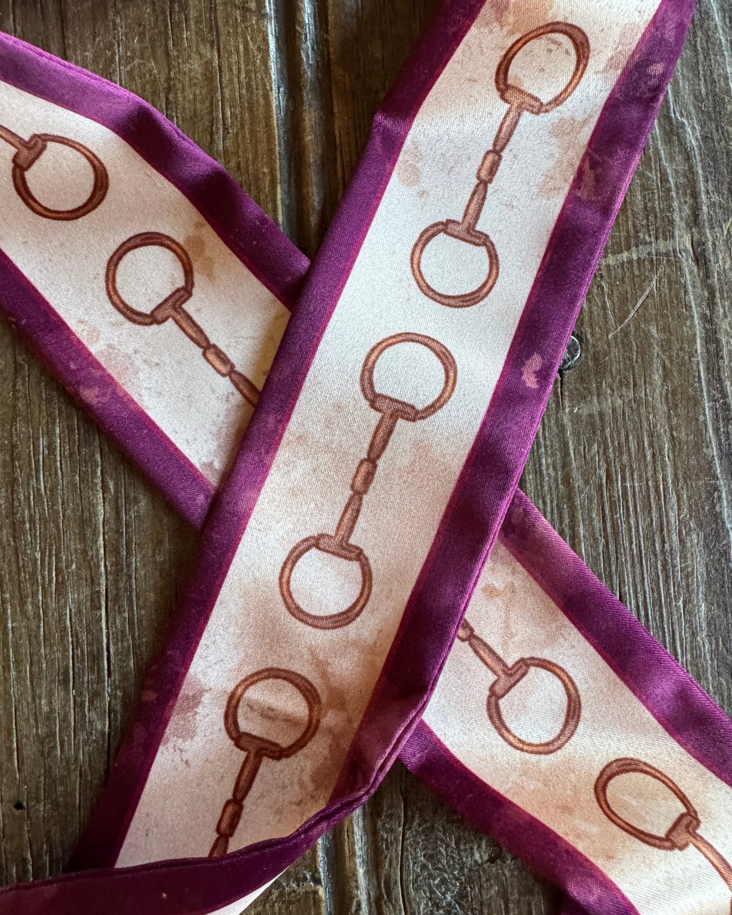 close up of snaffle bit ribbon scarf on wooden background